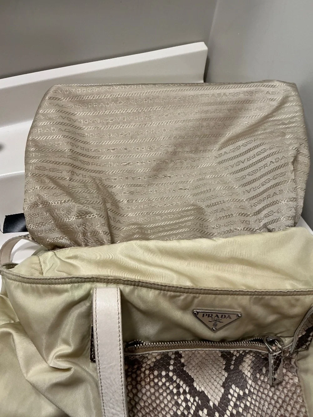 Prada beige nylon shoulder bag with genuine python accents